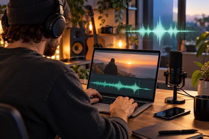 Moderner Videoeditor bearbeitet kurze Videoclips auf einem Laptop mit Mikrofon, Smartphone und einer klaren Wellenform