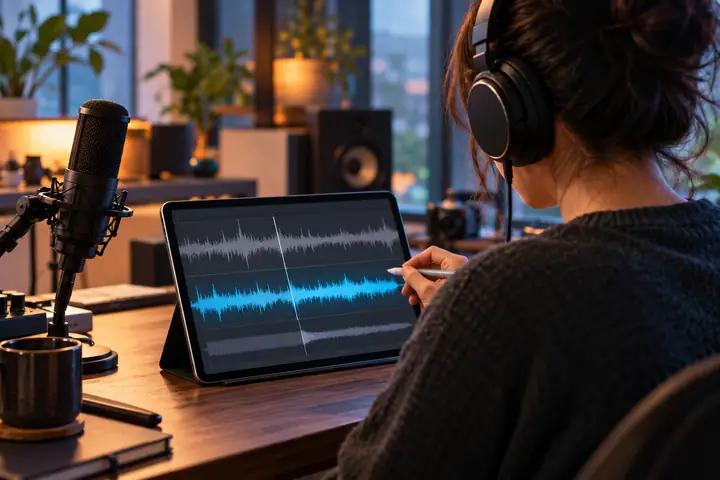 Tischmikrofon, Kopfhörer, Tablet und Wellenform-Oberfläche zum Ersetzen der Tonspur eines Videos