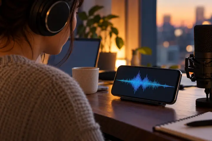 Smartphone und Audioeditor zeigen eine klare Sprachwellenform, die für die Transkription vorbereitet ist