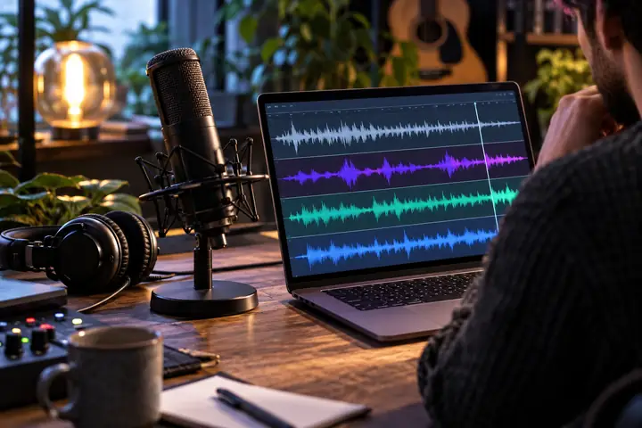 Podcast-Mikrofon, Kopfhörer und getrennte Wellenformspuren auf einem Schreibtisch