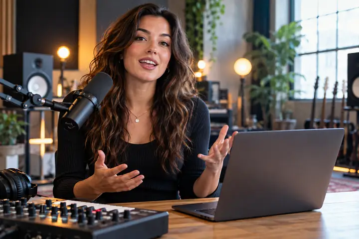 Moderator spricht in einem hellen Studio neben einem Laptop und Audioreglern