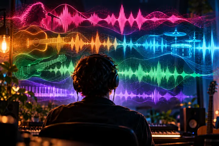 Abstrakter Songmix, dargestellt durch farbenfrohe Wellenformen von Gesang und Instrumenten