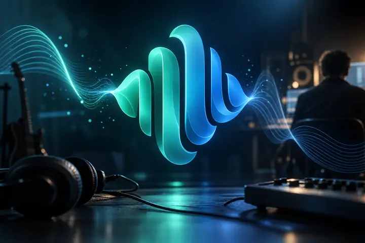 Abstraktes Logomotiv für ein Podcast-Netzwerk in Türkis und Blau