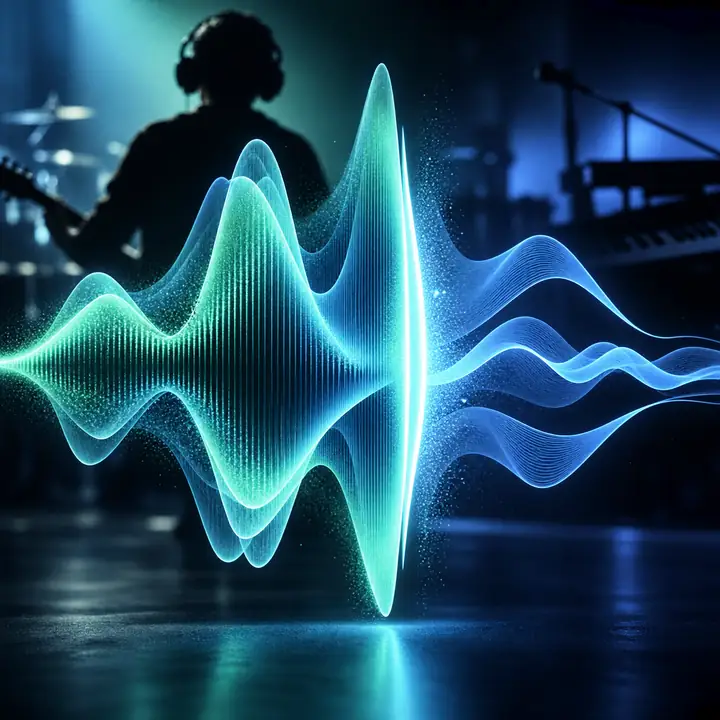 Abstraktes Logomotiv für die Audio-Postproduktion in Türkis und Blau