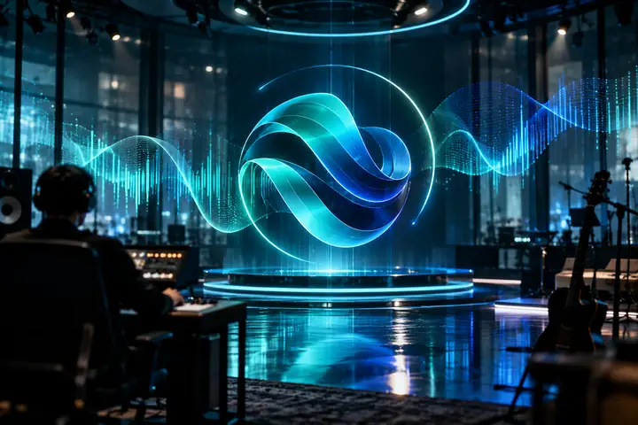 Abstraktes Logomotiv für ein Nachrichtenstudio in Türkis und Blau