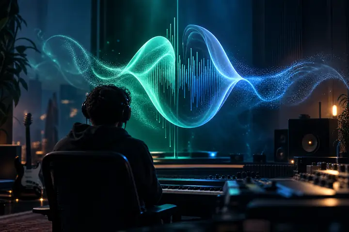 Abstraktes Logozeichen für einen Musikproduzenten in Türkis und Blau