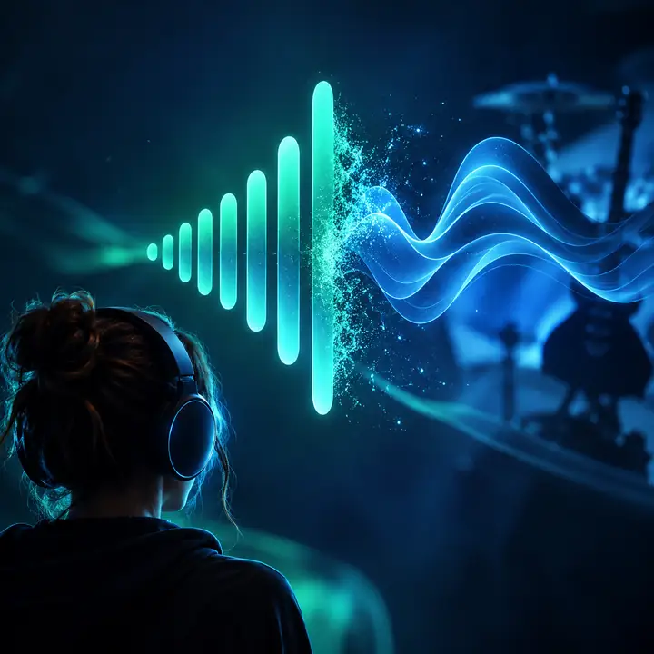 Abstraktes Logozeichen für Audio-Storytelling in Türkis und Blau