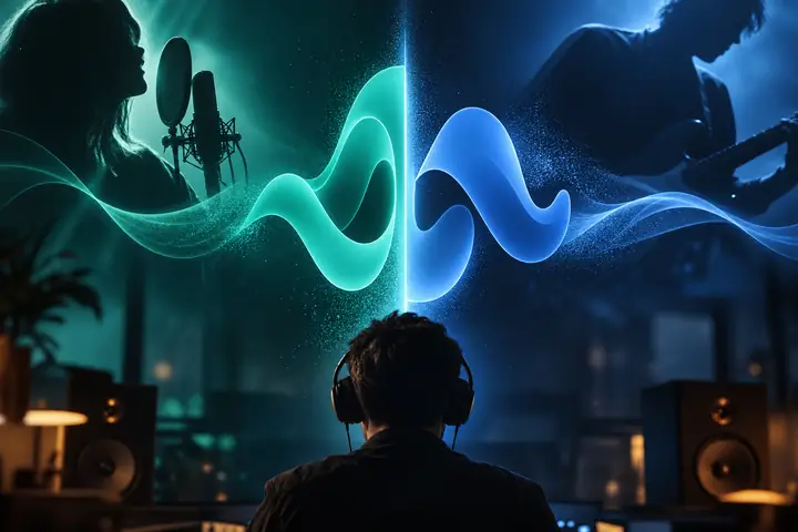 Abstraktes Logozeichen für Audio-Bildung in Türkis und Blau
