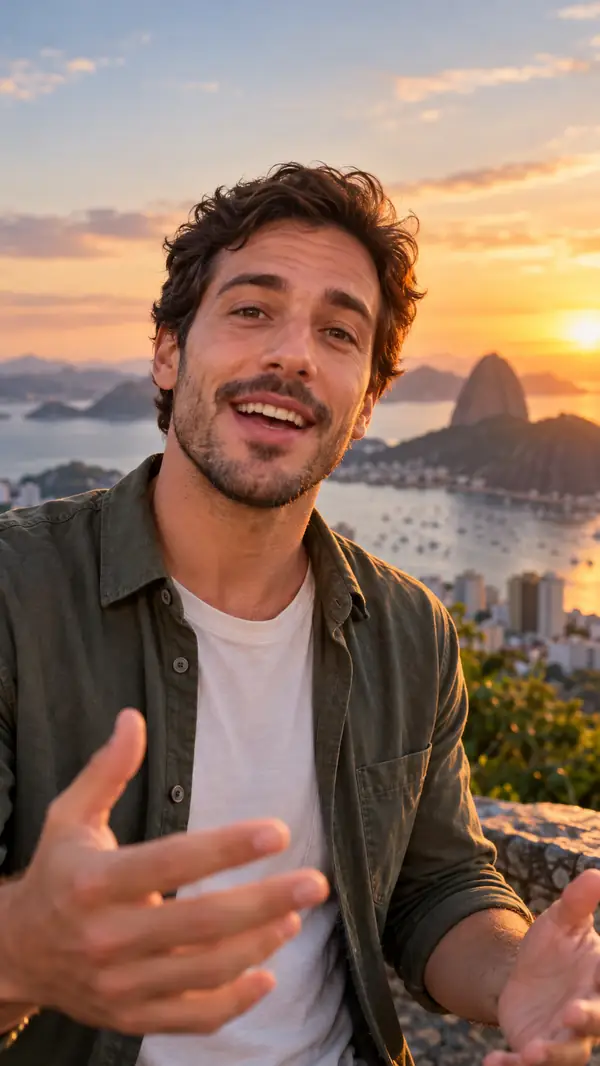 Vertikales Video im Smartphone-Format mit einem freundlichen Mann, der draußen spricht, mit Untertiteln und einem klaren filmischen Bildausschnitt