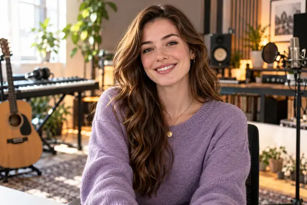 Porträt von Emily, einer lächelnden Videoproduzentin in einem hellen Studio