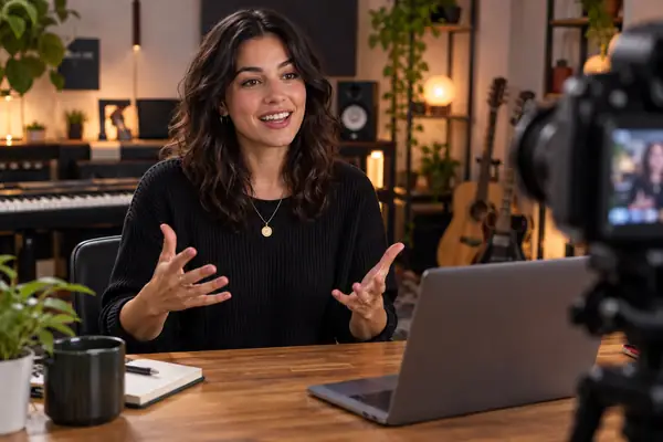 Porträt von Maya, einer Trainerin, die am Schreibtisch einen Online-Kurs aufnimmt