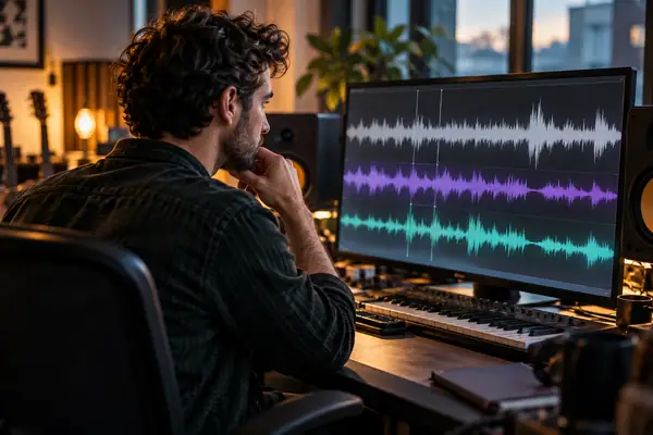 Porträt von Oliver, einem Produzenten, der eine Audio-Timeline auf einem Monitor prüft