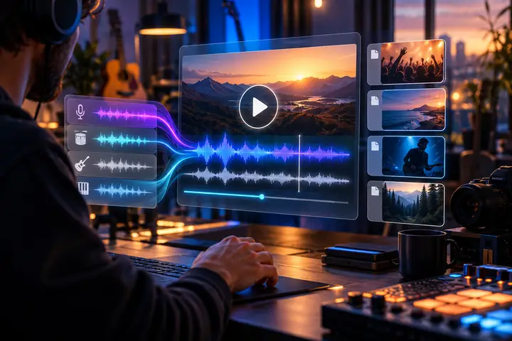 Elegante Medien-Download-Oberfläche mit Wiedergabeschaltfläche, Wellenform und übersichtlich angeordneten Videodateien