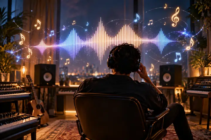 Elegante Audio-Wellenform, umgeben von schwebenden Musiknoten in einer kühlen Studioszene