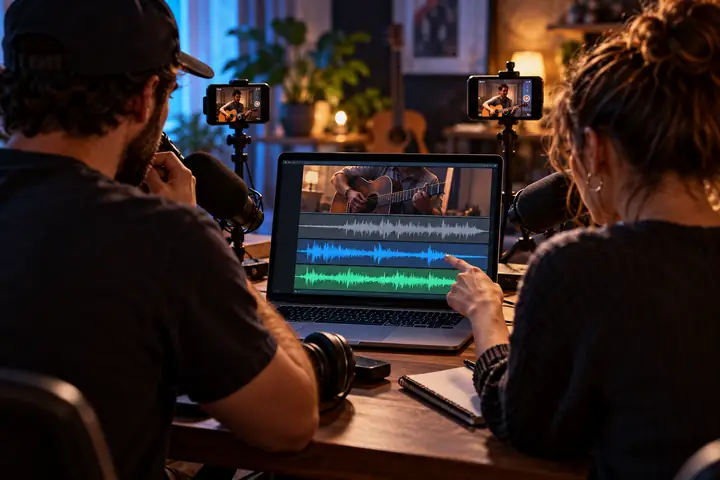 Zwei Content-Creator bearbeiten ein kurzes Video mit Mikrofonen, Smartphones und getrennten Wellenformen