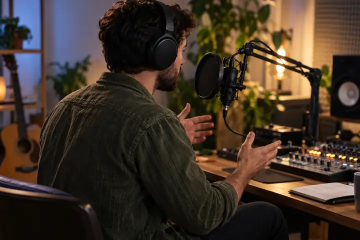 Lehrkraft nimmt in einem ruhigen Studio eine Online-Lektion auf, mit Audiosteuerung in Reichweite