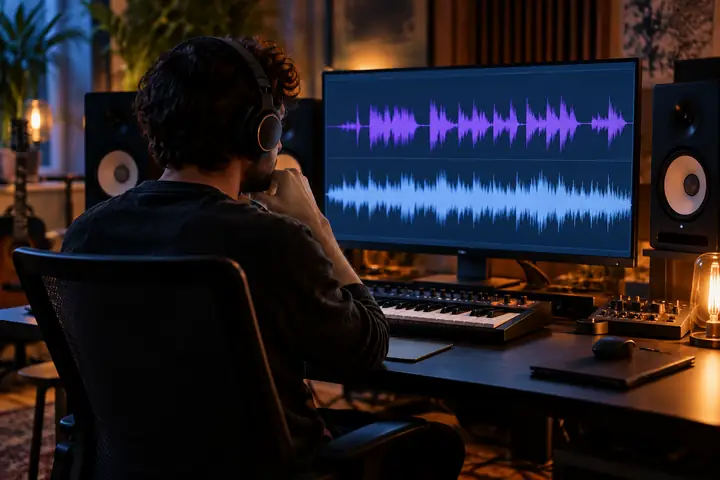 Musikproduzent am Studiotisch beim Vergleich von Gesangs- und Instrumentalwellenformen
