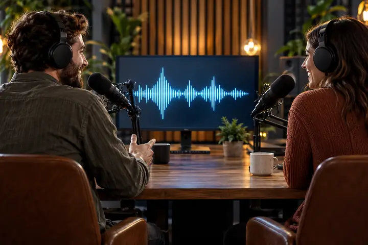 Podcast-Host und Gast an Mikrofonen, mit einer klaren Sprachwellenform auf einem Monitor